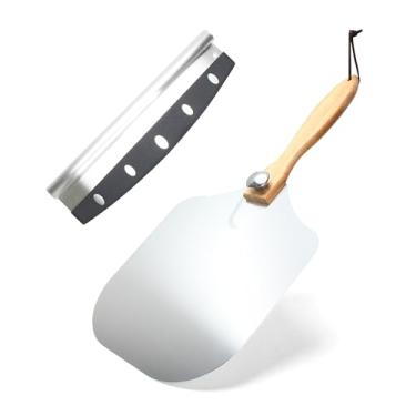 Imagem de YACEYACE Pá de pizza de metal com cortador, casca de pizza de metal de 30 cm com cabo de madeira dobrável, afinador de torneamento de alumínio