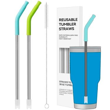 Imagem de Soledea 2 canudos reutilizáveis de 850 g, ideais para copos Stanley de 850 g e copos de 680 g, canudo de aço inoxidável com fundo de silicone anti-clank, serve na maioria das canecas de tamanho médio