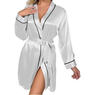 Imagem de Roupão De Quimono De Cetim Feminino Sólido Cetim Sexy Noite Robe Elegante Manga Longa Decote V Casa Robe Com Cinto Pijamas Femininos, White, L