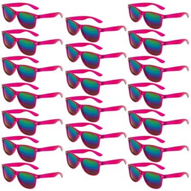 Imagem de QYVEWY Pacote com 20 óculos de sol espelhados a granel para mulheres e homens, óculos de sol neon modernos e baratos para artigos de festa (rosa-choque)