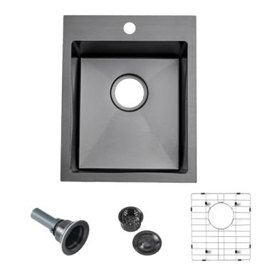 Imagem de Friho Pia de bar preta embutida, pia de cozinha pequena de 38 x 43 cm, pia de cozinha de aço inoxidável, feita à mão, tigela única, montagem superior para trailer, pias de cozinha com grade de pratos