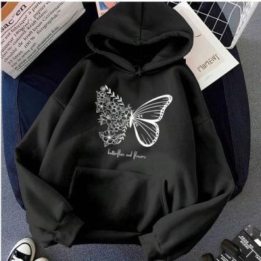 Imagem de Blusa Moletom Feminino Canguru Estampado Borboleta Flores Butter Flies