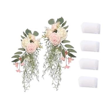 Imagem de Fenteer Encosto de cadeira de casamento com flores, decoração de corredor de casamento, adereços românticos para fotos, banco de corredor versátil com flores, Rosa