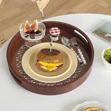 Imagem de Bandeja de servir decorativa redonda com alças para decoração de casa, bandeja de armazenamento de madeira marrom para decoração de mesa de centro, sala de estar, balcão de cozinha, decoração rústica
