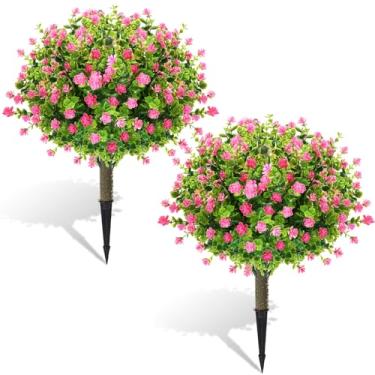 Imagem de Yunlly 2 bolas de topiária de buxo artificial com flores, árvore topiária de 55,88 cm, resistente a UV, arbustos de vegetação sintética ao ar livre com pontas no chão, escova de plantas falsas para