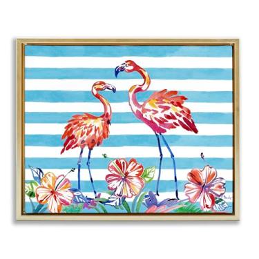 Imagem de Stupell Industries Arte de parede em tela flutuante em ouro escovado flamingos e hibiscos por Paul Brent, 43 x 53 cm