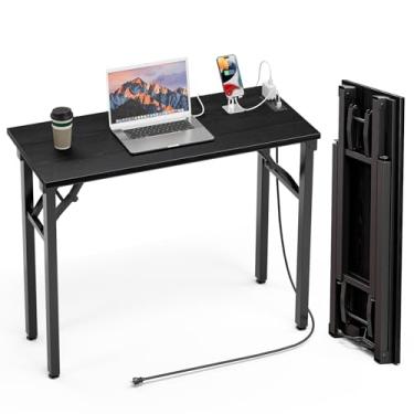 Imagem de TEMI Mesa dobrável pequena para computador – sem montagem, mesa dobrável compacta de 91 cm com tomadas elétricas e porta de carregamento USB, mesa de escritório pequena portátil, mini mesa de estudo