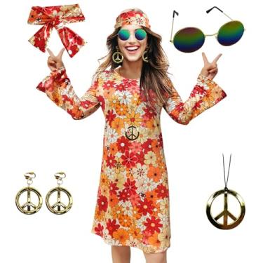Imagem de MRYUWB Fantasias hippie dos anos 70, colar, brincos, óculos de sol, roupa de discoteca, fantasia de festa dos anos 60, vestidos retrô de Halloween, Flower Power Orange, M