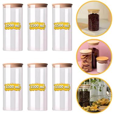 Imagem de Kit 6 Potes 1500ml Porta Mantimento Frasco De Vidro Herméticos Tampa de Bambu Natural