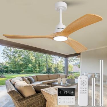 Imagem de OMYU Ventilador de teto com luz de 132 cm, controle remoto, interruptor de parede, lâminas de madeira maciça, regulável, motor CC silencioso reversível, sem memória, ventilador de teto branco moderno