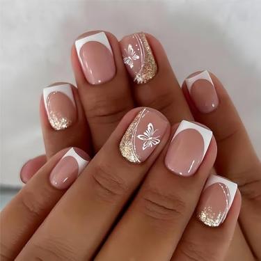 Imagem de Unhas postiças quadradas de pressão curta, unhas rosas, pontas francesas, unhas postiças, cola com glitter nas unhas com desenhos de borboletas, unhas de acrílico, brilhante, cobertura completa para