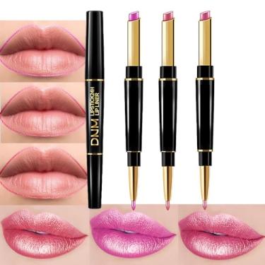 Imagem de BINGBRUSH Conjunto de 3 peças de delineador labial e batom com ponta dupla, fúcsia, natural, rosa, metálico, para mulheres, lipliner, 24 horas, original, impermeável, longa duração, conjunto de lápis