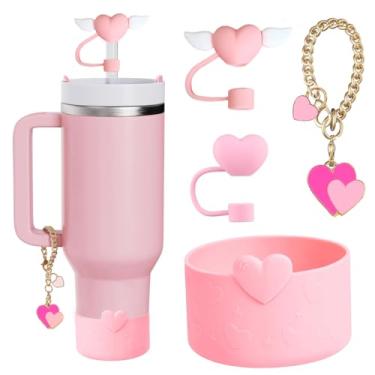 Imagem de RONGFY Conjunto de acessórios de garrafa de água para copo Stanley, 2 peças de tampa de palha de topo de palha de coração de 10 mm, 1 pingente de amor, 1 bota de silicone para Stanley Copo de 30 e