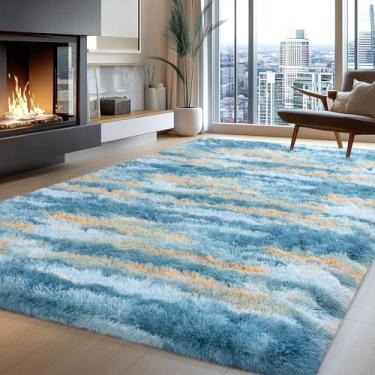 Imagem de Tapetes fofos para sala de estar, 1,8 x 2,5 m, abstrato, azul, grande, felpudo, tapete para quarto, antiderrapante, moderno, felpudo para dormitório, berçário, decoração de quarto de crianças, tapete