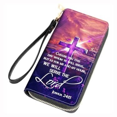 Imagem de FQTBCEARI Carteira feminina de grande capacidade de couro PU com zíper bolsa clutch, Citação de Santa Cruz Versículo da Bíblia Josué 24:15, One Zippers