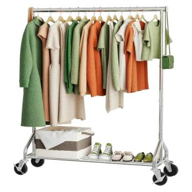 Imagem de Ekisemio Suporte para roupas resistentes, 204 kg, suporte para roupas com rodas e prateleiras resistentes, suporte para pendurar roupas, suporte portátil para guardar o quarto, cromado