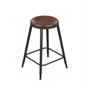 Imagem de Banco de bar de pub Banco de bar com assento couro marrom e pernas ferro, cadeira alta vintage sem encosto(Pequeno)