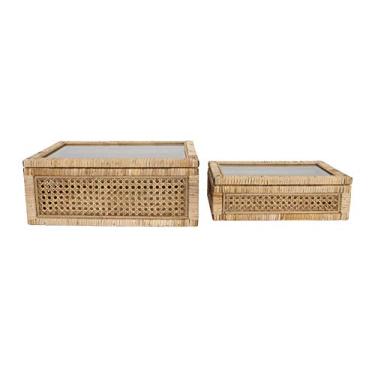 Imagem de Creative Co-Op Tampas de vidro de vime e moldura de madeira de abeto (conjunto de 2 tamanhos), bege