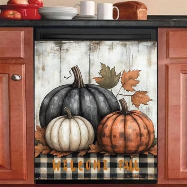Imagem de RTHDG Adesivo de ímã de geladeira Welcome Fall para lava-louças Abóboras, colheita de outono, capa magnética para porta da frente da máquina de lavar louça, painel de eletrodomésticos do país, 58,4 cm