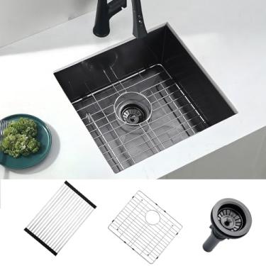 Imagem de Pia de cozinha de 45,7 cm Pia de barra preta, Doirteal 45,7 x 48 cm, pia de barra de aço inoxidável preta, pias de preparação de bar molhado, tigela única, pia de cozinha pequena para trailers ao ar