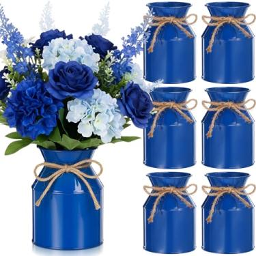 Imagem de Domensi Vaso de flores de metal para casa de fazenda, 6 peças, 13 cm, jarro galvanizado, com laço de barbante, baldes de flores rústicos para mesa floral, centro de mesa, decoração de casamento (azul