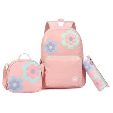 Imagem de kingdisen Mochila escolar para meninas adolescentes, leve, arco-íris, pastel, conjunto de mochila escolar para laptop, Flor rosa, Large, Bonito