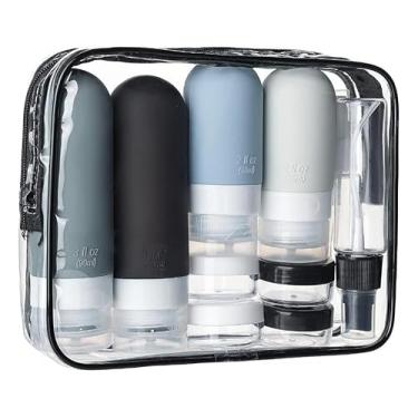 Imagem de Kit Viagem 16 Peças com Frascos de Silicone Recarregáveis | Mini Frascos para Shampoo, Condicionador, Higiene e Maquiagem com Necessaire Transparente para Avião (Preto)