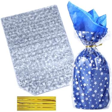 Imagem de ZIMCEMS 100 peças de sacos de reforço inferior de 15 x 23 cm, sacos de presente de celofane transparentes impressos em estrela prateada, sacos de plástico para presente para brindes de festa, com