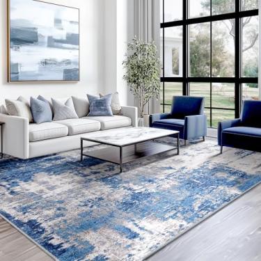 Imagem de RELEANY Tapetes laváveis 25 x 30 cm, antiderrapante, moderno, abstrato, macio para sala de estar, entrada, quarto, berçário, padrão de impressão, azul cinza marinho