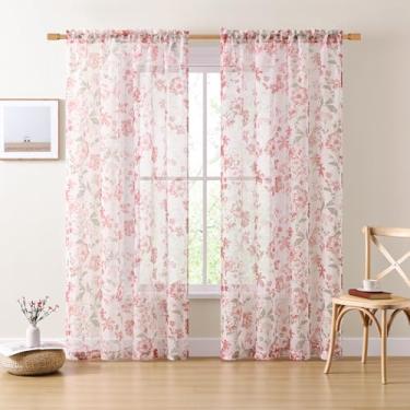 Imagem de Cortinas transparentes florais vermelhas 2 painéis de comprimento 2 painéis para sala de estar, estilo romântico francês moderno, cortinas com estampa de flores para sala de jantar, cortinas de janela