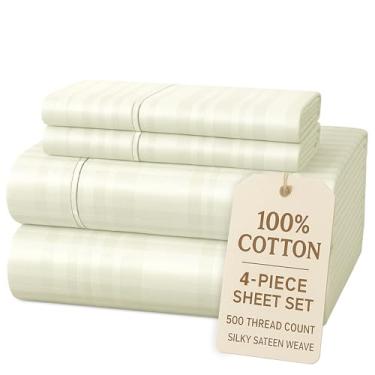 Imagem de Casa Platino Jogo de lençol solteiro 100% algodão - 4 peças (1 lençol liso, 1 elástico, 2 fronhas) - listrado 500 fios - conjunto de lençóis de cama de cetim ultra suave sem deslizamento 38 cm bolsos