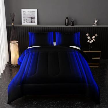 Imagem de Conjunto de cama casal azul e preto, abstrato, ombré, conjunto de cama para meninos adolescentes, 3 peças em um saco, conjunto de colcha escura, decoração de arte leve, todas as estações com fronhas