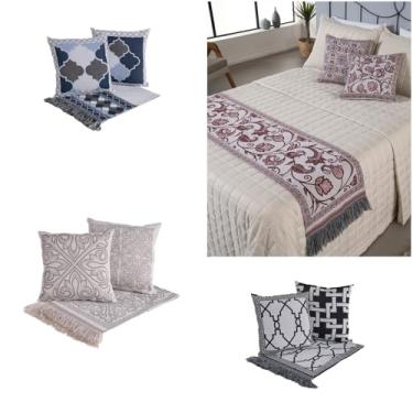 Imagem de Kit Peseira Manta de Cama Sofá Queen King Grécia 5 Peças Tecido Jacquard Acompanha Almofadas Cheias (Cáqui)
