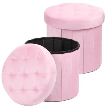 Imagem de AmasSmile Banqueta dobrável para descanso para os pés, banquinho de veludo pequeno de 35,5 x 35,5 x 33 cm, banco otomano curto, armazenamento de descanso para os pés, baú cobertor, pacote com 2, rosa