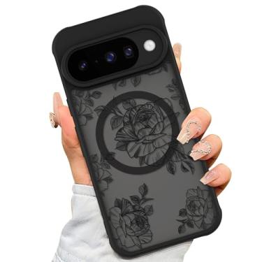 Imagem de AIGOMARA Capa para Google Pixel 10 [compatível com MagSafe] Design com estampa floral de flor preta para mulheres e meninas, capa magnética fina de poliuretano termoplástico macio