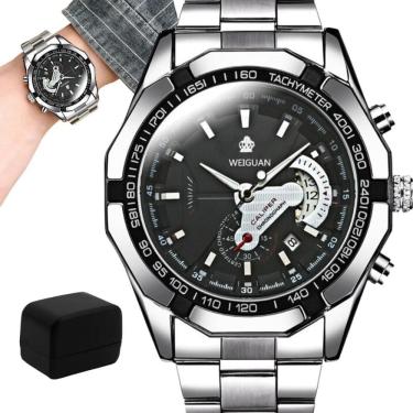 Imagem de Relógio Masculino Bracelete Aço Inox Fundo Preto + Caixa