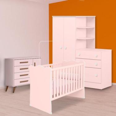 Imagem de Berço, Cômoda Sapateira Retrô e Guarda Roupa C/ Cômoda Rosa - Qmovi