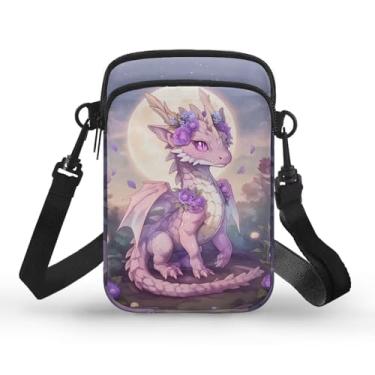 Imagem de WELLFLYHOM Mini bolsa transversal carteira de telefone feminina bolsa mensageiro de lona, Flor de dragão e lua, One Size