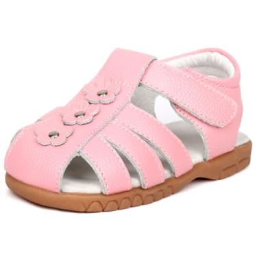 Imagem de Sandálias femininas femininas de couro legítimo com bico macio fechado princesa sapato sem salto para verão (bebê/criança pequena), Pink Small Flower, 5.5 Toddler