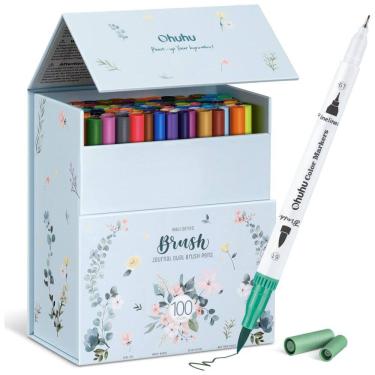 Imagem de Conjunto de Canetas Artisticas 100 Cores com Pontas Duplas, Pincel Fino à Base de Água para Crianças e Adultos, Ohuhu, Branca