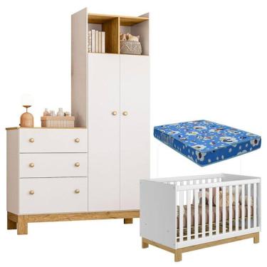Imagem de Berço Americano 4315 Mini Cama e Guarda Roupa com Cômoda Q Encanto Slim 4970 Branco Acetinado com Colchão Tend Tudo – Qmovi