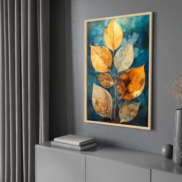 Imagem de Quadro Decorativo com Moldura e Acrilico Cristal Vidro Abstrato Planta Folhas Dourada Azul Verde Sala Quarto Hall