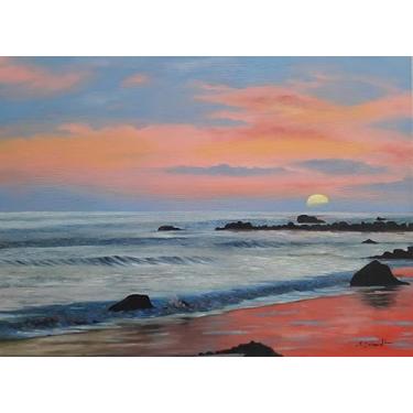 Imagem de Tela a Óleo Paisagem Marinha Pôr do Sol, Pintura Artística Original, 50x70cm