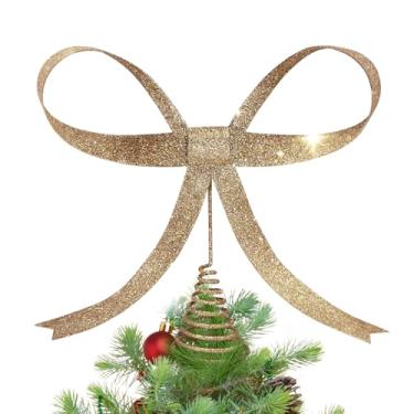 Imagem de HUTHDAK Topo de árvore de Natal grande com laço dourado champanhe com glitter, topo de árvore de metal de 24 cm, decorações de Natal com laço dourado champanhe para Natal, decoração de casa, festa de