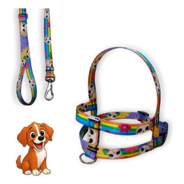 Imagem de Coleira Peitoral Lari Pet Com Guia Cães Seda Estampada N1, Arco Iris