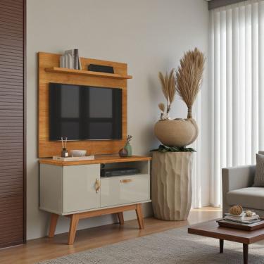 Imagem de Painel para Sala e Rack Sirius Pés de Madeira Puxadores Couro Patrimar