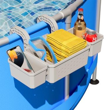 Imagem de SHAPON Cesta de armazenamento à beira da piscina com 2 porta-copos, cesta de brinquedo extensível para toalhas e bebidas, acessórios de piscina para a maioria das piscinas acima do solo (1 pacote)