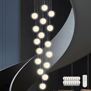 Imagem de KoKo&Yukina Lustre moderno de níquel de 16 luzes de meados do século para sala de estar, escada, lustre para entrada, globo de entrada, luz pendente de vidro branco leitoso, lustres de teto alto