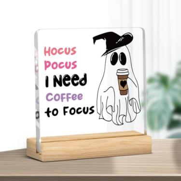 Imagem de Placa de café engraçada decoração decorações para Halloween escritório casa cozinha mesa hocus pocus sinal quente cacau bar café bar armário canto estação decoração 10 × 10 centímetros