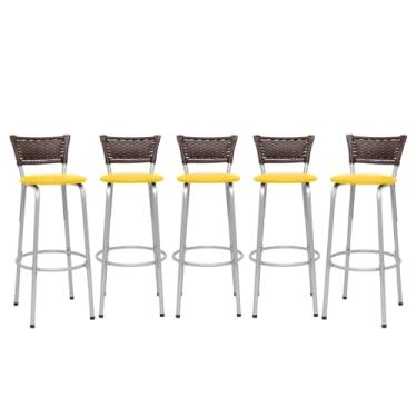 Imagem de Kit 5 Banquetas Alta Junco Argila Estrutura Prata 70cm Para Balcão Ilha Bancada Cozinha Bar Bistrô Americano - Itagold (Assento Amarelo)